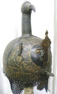 ARMOR HELMET MUSEUM LEVEL TURKISH WARRIOR PEACOCK FIG. & SUN WITH RAYS IMAGES ARABIC CALLIGRAPHY: Armor Incredible stunning Ottoman /Turkish style warrior helmet Peacock figure & Arabic inscription. This rare Ottoman Turkish Persian battle Warrior helmet is a truly magnificent military helmet. Wel