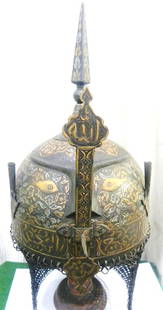 ARMOR PERSIAN STYLE WARRIOR MUSEUM LEVEL HELMET DEMON DEVIL FACE FISH EYES CALLIGRAPHY FLORAL: ARMOUR STUNNING RARE GEM OF COLLECTION INDO PERSIAN WARRIOR HELMET DEMON DEVIL FACE WITH 2 FISH FIGURES ENGRAVED ARABIC CALLIGRAPHY. Make : Made hand forged steel hand hammered and hand chiseled. Surf