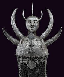 ARMOR MUSEUM LEVEL UNUSUAL PERSIAN WARRIOR HELMET DEMON DEVIL FACE 4 HORNS MUSTACHE HAND NICKLE