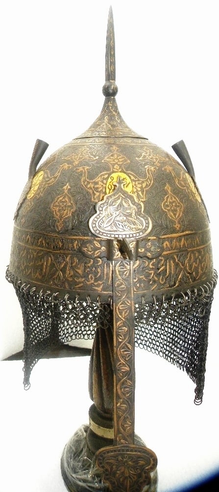 ARMOUR MUSEUM LEVEL PERSIAN STYLE WARRIOR HELMET BIRDS FIGURE ENGRAVED ARABIC CALLIGRAPHY GOLD (1 of 9)