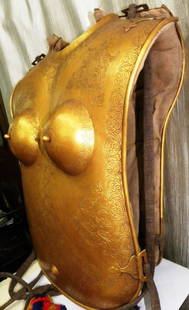 ARMOR MUSEUM LEVEL FEMALE WARRIOR CHEST PLATE BOTH SIDES FIGURES FLYING HORSE: Province: Indo Persian. Made: Made of hand forged steel, hand hammered and hand chiseled. Front Plate: Has medallions comprising of flower motifs.The front plate collar has been engraved to look like