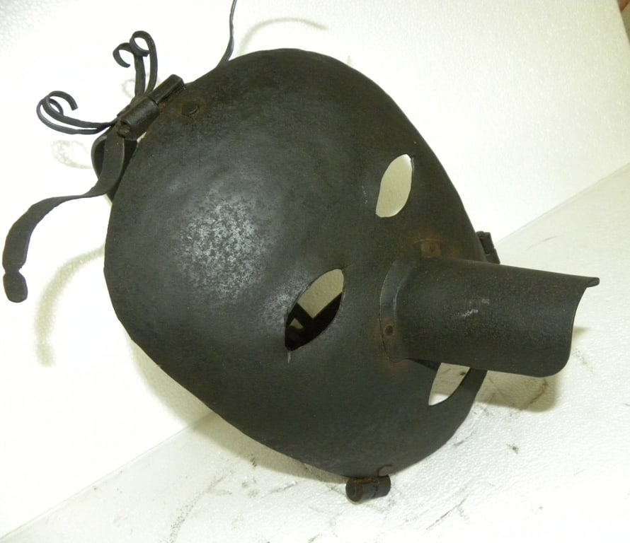 RARE PUNISHMENT MASK LONG NOSE HAIR ON FACE STEEL: Beautifully hand made steel mask with long nose and hair on top is a symbol for punishment who does anything very wrong. After making wear this mask was tied on pole or tree in public place so maximum