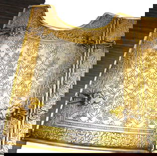 CHEST PLATES 4 SIDES  SURFACE ENGRAVED FLORAL MEDALLIONS LEATHER BELTS IRON BUCKLES: History: Persian Char-aina , literally the four mirrors. For plate sworn over ZIRAH or shirt in Persian, India and central Asia. The armor plates can be round or rectangular. Made :Made of Hand forged