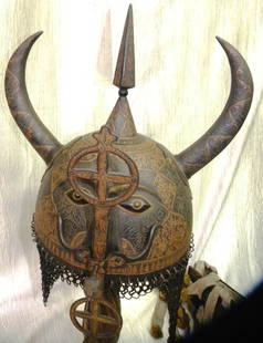 HELMET DEMON DEVIL FACE 2 HORNS ELABORATE CHISELED ENGRAVING ENTIRE SURFACE: Helmet two side horns. Made : Made of hand forged steel hand hammered and hand chiseled. Skull of helmet & Horns bear an elaborate chiseled engraving over its entire surface with floral And creeper de
