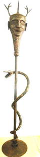 ARMOR MUSEUM LEVEL MACE GURG PERSIAN STYLE 2 SIDES DEVIL FACES HORNS LIVE SIZE SANKE LONG STAND: INCREDIBLE MUSEUM LEVEL PERSIAN STYLE DOUBLE DEVIL FACE MACE SNAKE STAND , Mace of IRON , large sized with corresponding stand of Snake shape. Unique in this combination with stand , dimensions and am