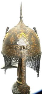 ARMOUR MUSEUM LEVEL PERSIAN STYLE WARRIOR HELMET BIRDS FIGURE ENGRAVED ARABIC CALLIGRAPHY GOLD: Province :Indo Persian . Made: Made of hand forged steel, hand hammered & hand chiseled .profusely chiseled with REAL GOLD art work at some places small medallions with Arabic calligraphy. Skull : Han