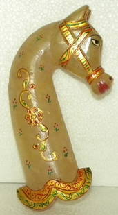 DAGGER HANDLE ASIAN YELLOW JADE QUARTS HORSE FACE SHAPE HAND ENGRAVING WITH COLOR PAINTED: DAGGER HANDLE ASIAN YELLOW JADE QUARTS HORSE FACE SHAPE HAND ENGRAVING AND DIFFERENT COLOR PAINTED ON ENGRAVIG. INDO PERSIAN DAGGER HANDLE, BODY FORMED IN A HORSE SHAPE WITH HEAD FEATURING . MADE OF A