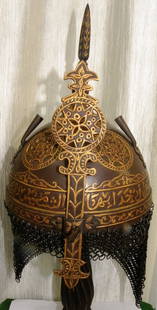 ARMOR MUSEUM LEVEL PERSIAN STYLE WARRIOR HELMET ARABIC CALLIGRPHY SURFACE 5 ROUND CUTS FLORAL: Armor Museum level warrior helmet. Province : Persian style. Made : Hand forged steel , hand hammered and hand chiseled , skull made in one piece , the riveted crown Plate with screw mounted. Nasal gu