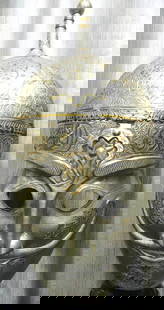 ARMOUR PERSIAN WARRIOR HELMET KHULA KHUD ) & MASK SILVER PLATED ARABIC CALLIGRAPHY A RARE: Province : Persian. Made : Made of hand forged steel , hand hammered hand chiseled silver-plated. Arabic inscription: Hand engraved Arabic inscription from holy book KORAN , to invoke Gods power and B