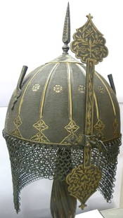 ARMOR MUSEUM LEVEL PERSIAN STYLE WARRIOR HELMET ARABIC CALLIGRAPHY MEDALLIONS SURAFCE DOTS: . Make : Made of hand forged Hand hammered and hand chiseled. Arabic Calligraphy At bottom rim and top engraved. Helmet skull Dots design. Nasal Guard: Is sliding and adjustable & has hand engraved Go