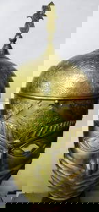 ARMOUR MILITARY PERSIAN WARRIOR HELMET & MASK CALLIGRAPHY SKULL CHISELED LAVISH DÉCOR: A collector choice incredible Persian warrior helmet & mask Arabic inscriptionMade of Hand forged steel , hand hammered & hand chiseled, brass plated.Skull: Entire skull surface and forehead ofhelmet