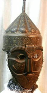 Incredible   TURKISH STYLE WARRIOR HELMET MELON CUT WITH MASK CHAIN MAIL ALL AROUND SET: A gem of collection Turkish style warrior helmet with mask , melon cut top Arabic inscription. .Province : Turkish . Helmet Skull embossed Melon cut shape with fine engraving floral motifs. Make: Made
