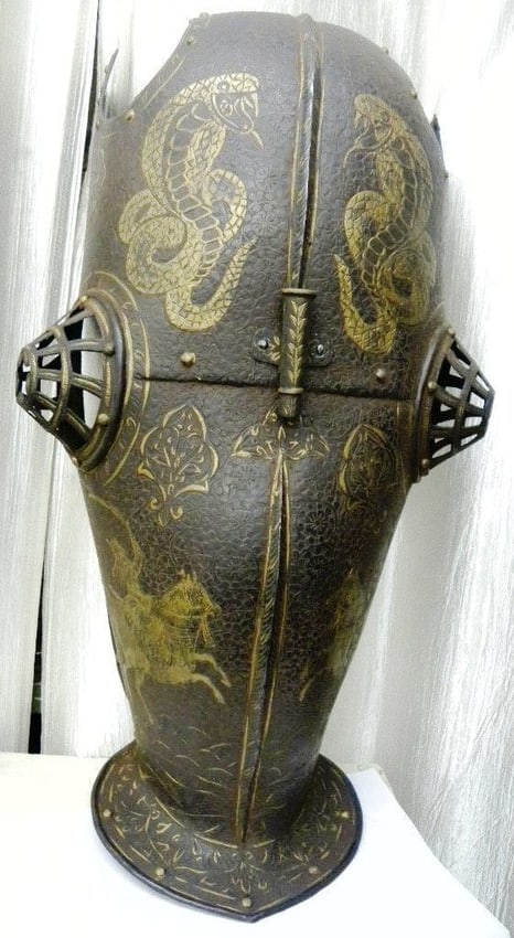 MASK HELMET FACE HORSE 2 WARRIOR WITH SWORD & 2 SNAKE FIGURES FIGS ENGRAVED: Incredible Armor museum level military warrior horse face mask. On top of mask2 SNAKE FIGURES male and female . At bottom 2 warrior figures with tradition dress with turban & sword and shield in hands