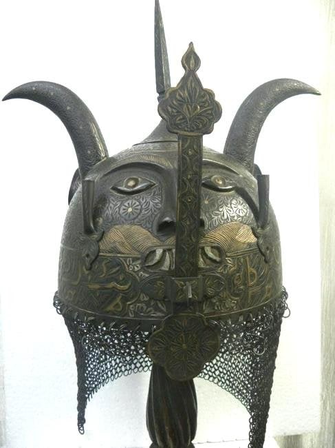 HELMET DEMON DEVIL FACE ARABIC INSCRIPTION 2 REVERSE HORN NASAL GUARD CHAIN MAIL: Incredible collector choice helmet demon devil face 2 reverse horn which make this helmet unusual . Made : Hand forged steel , hand hammered and hand chiseled , skull made in one piece , the riveted c