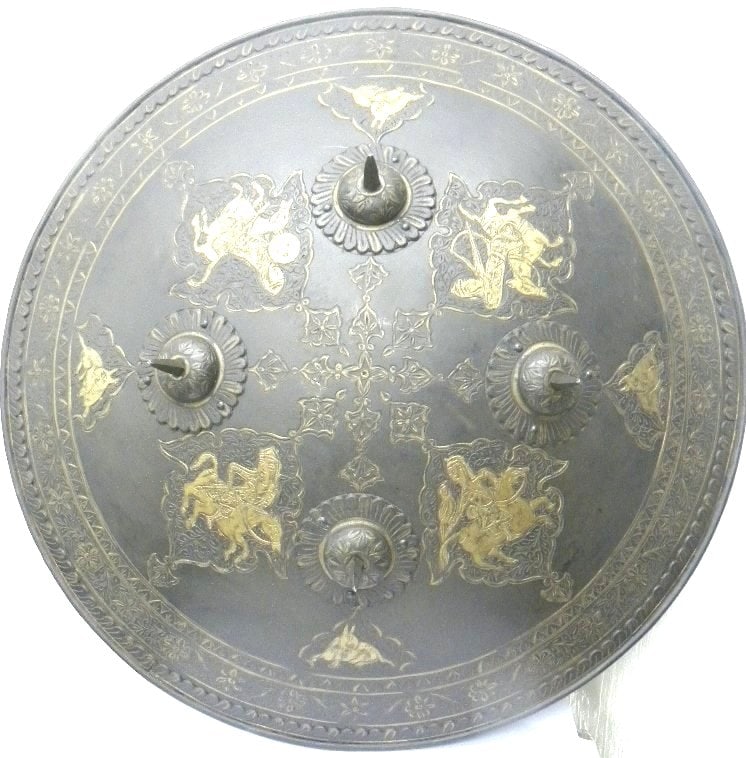 AN1CENT ANTQUE ORNAMENTAL METAL SHIELD 4 WARRIOS ON HORSE WITH ARMS & ENGRVED BIRD FIGS (1 of 9)