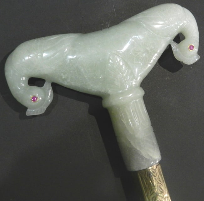 ANIENCNT ANTQUE JADE DERVISH CRUTCH ZAFAR TAKIESH PEACOCK FIG CARVED JEWEL DECORATED HIDDEN SWORD (1 of 8)