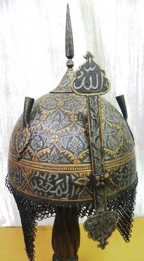 Anicent Ornate Islamic Warrior Helmet with Calligraphy Nasal guard Chain mail (1 of 9)
