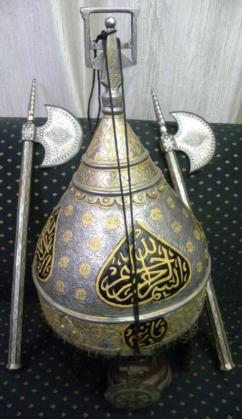 ANICENT ISLAMIC HELMET WITH ANNULET CALLIGRAPHY & TWIN SILVER BATTLE AXES WITH CALLIGRPHY (1 of 10)