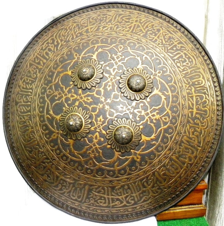 ANICENT SHIELD INCREDIBLE ARABIC INSCRIPTION SURFCE CHISLED DECOR WITH DEPICTION & FLOWER MOTIFS (1 of 9)