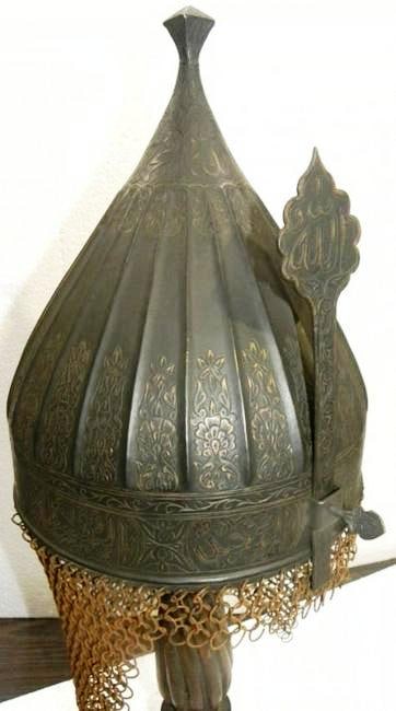ANICENT HELMET MELON CUT ARABIC INSCRIPTION BOTTOM RIM SURFACE FLORAL & CREEPER. (1 of 8)