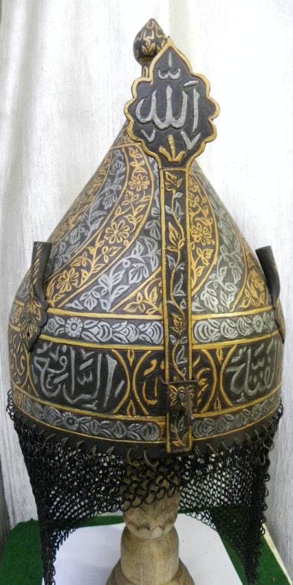 ORNATE ANCIENT HELMET REVERSE VINE BANDS ARABIC INSCRIPTION SKULL FLORAL & TENDRIL (1 of 10)