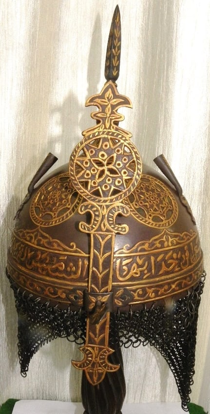 ANCIENT AUTHENTIC OLD STOCK ORNATE HELMET ARABIC INSCRIPTION PERCHED HOLES DESIGN. (1 of 9)