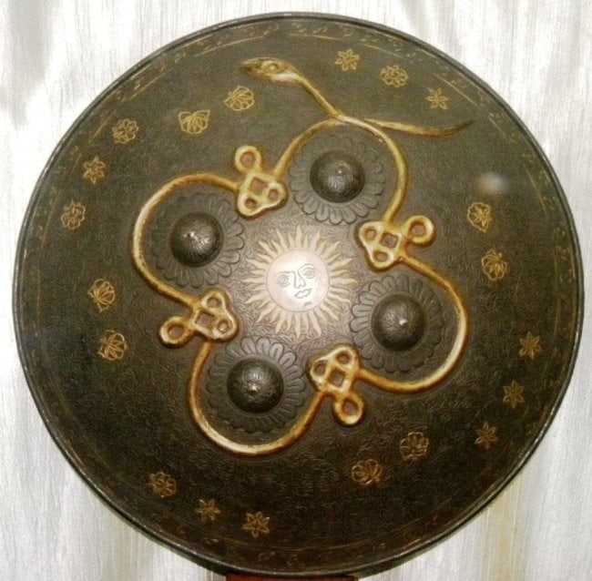 ANCIENT ORNATE PERIAN SHIELD SNAKE FIG EMBOSSED SUN FIGURE SURFACE FLORAL (1 of 4)