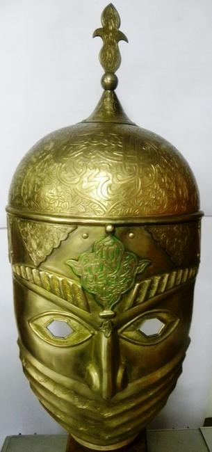 ANCIENT INCREDIBLE HELMET & MASK BRASS PLATED ARABIC INSCRIPTION (1 of 9)