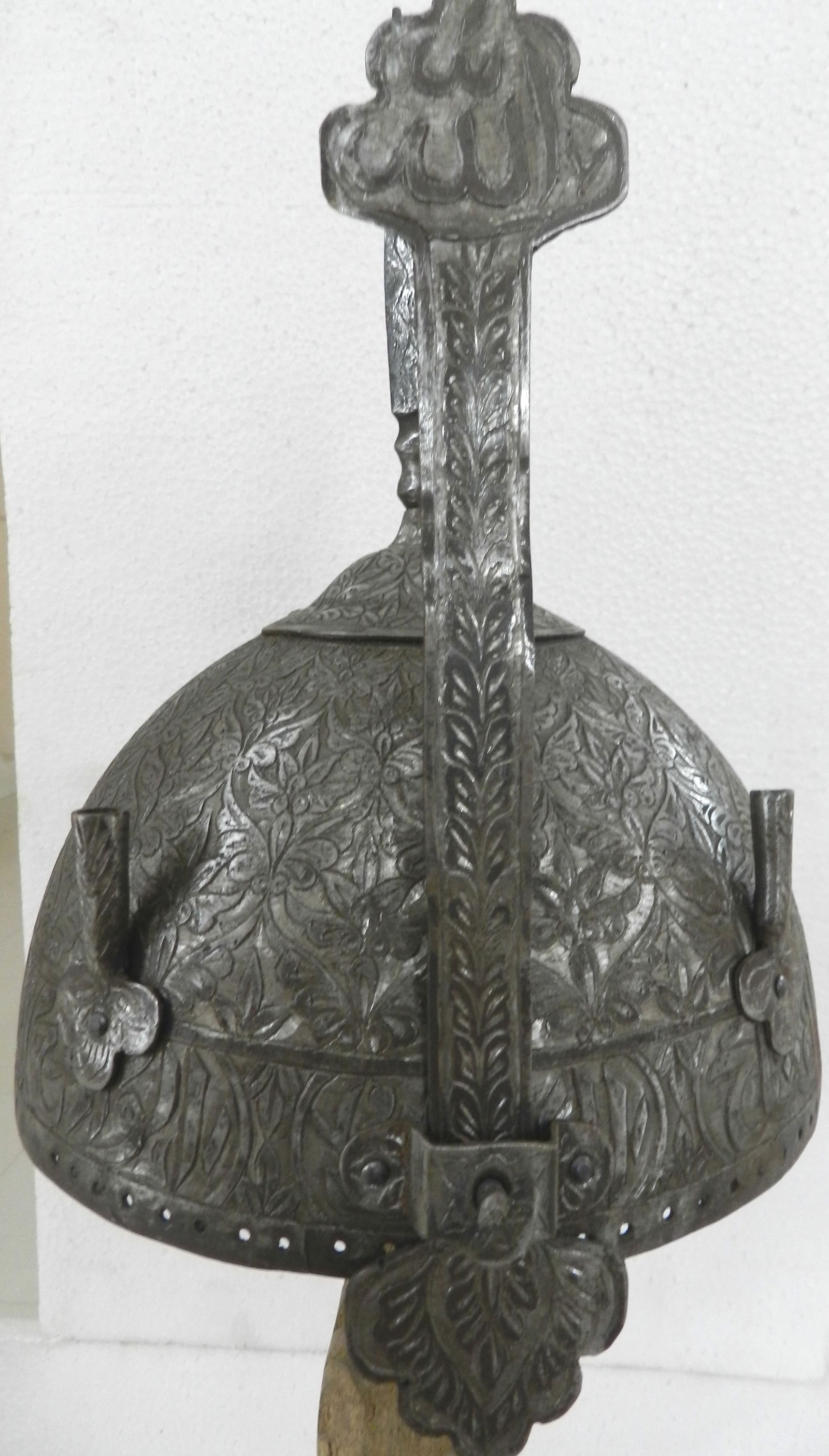 Ornate Indo-Persian Steel Helmet with Engraved Floral Decoration and Plume Holder (1 of 11)