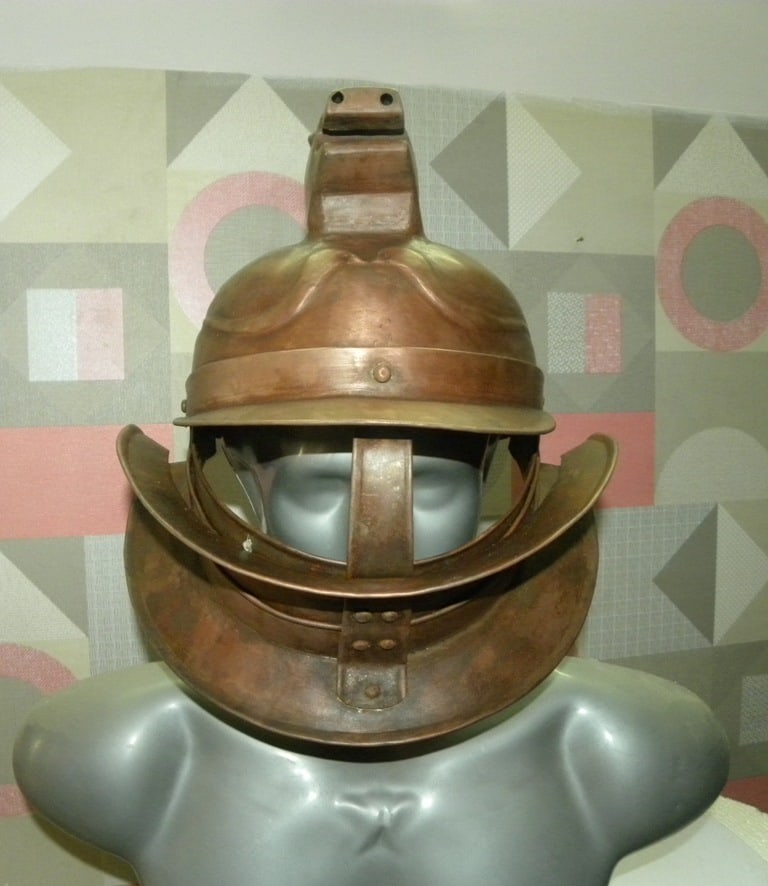 WARRIOR WAR HELMET COPPER PLATED STEEL HAND HAMMERED: Excellent Warrior war helmet made of steel with copper plating. Helmet has unique design and design of 2 snakes is also there and snake design on top (see pictures).There is plate also to protect neck