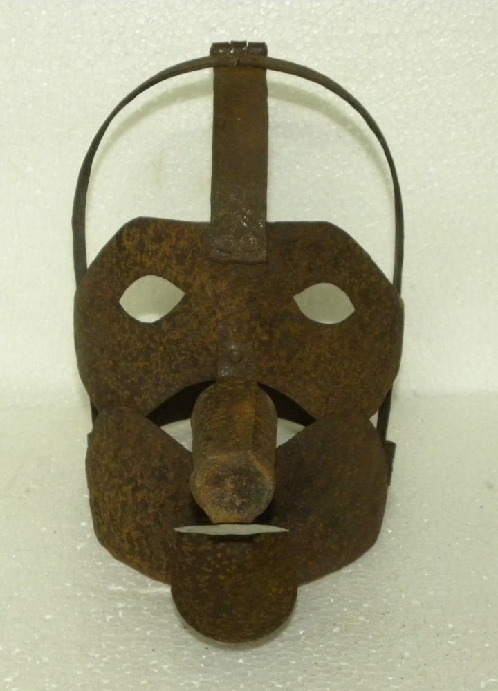 RARE BRANK SCOLD BRIDLE PUNISHMENT MASK WITH LONG NOSE HAND FROGED STEEL: Beautifully handmade steel mask with long tongue and long nose as a symbol that the person has done something bad/wrong. After making wear this mask was tied on pole or tree in public place so maximum