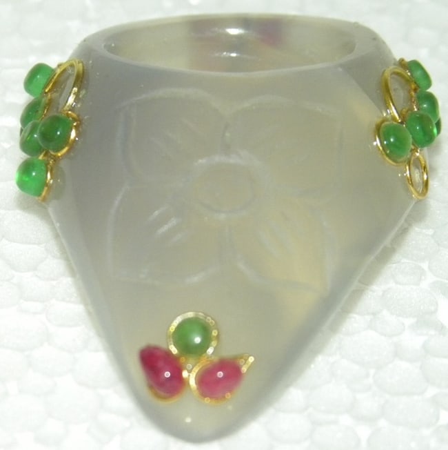 VINTAGE JADE ARCHERY RING BEADED WITH DIFFRNT COLOR JEWELS: Vintage Asian jade archery archer thumb ring jewels studded different .Province : Asian. Asian precious stone archer thumb ring. Similar rings were used Archery in south East Asian countries. It is al