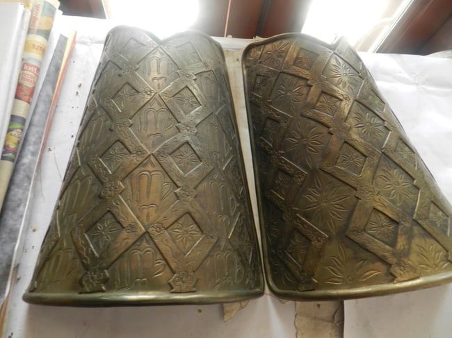 ANCIENT ANTQIE BRASS THAI GUARDS ARABIC INSCRIPTION FLOWER MOTIFS: Antique original brass plated THAI shield guard pair is a truly magnificent THAI shield. Made of Hand forged steel hand hammered & hand chisel and brass plated. The THAI guard pair is covered with ion