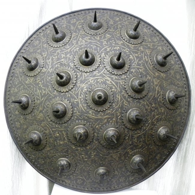 OLD INCREDIBLE SHIELD CONVEX FORM WITH 21 SPIKES INSERTED LIKE PYRAMID & SURFACE ENGRAVED FLORAL (1 of 5)