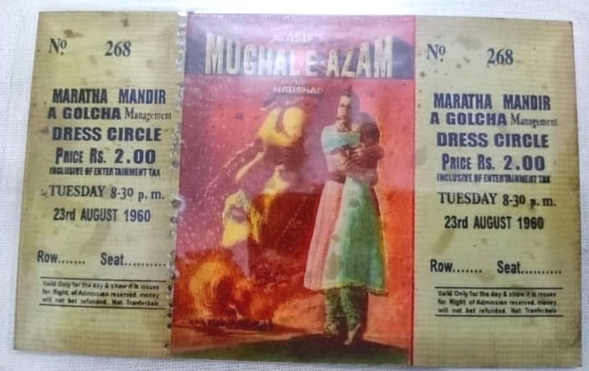 ANTIQUE MOVIE TICKET OF MUGHALE AZAM FILM. YEAR 1960: Antique world famous movie ticket of India movie MUGHLE AZAM of year 1960The movie was shown at the famous theater Maratha Mandir in Bombay .The ticket is of Dress circle .This is hard to find movie t