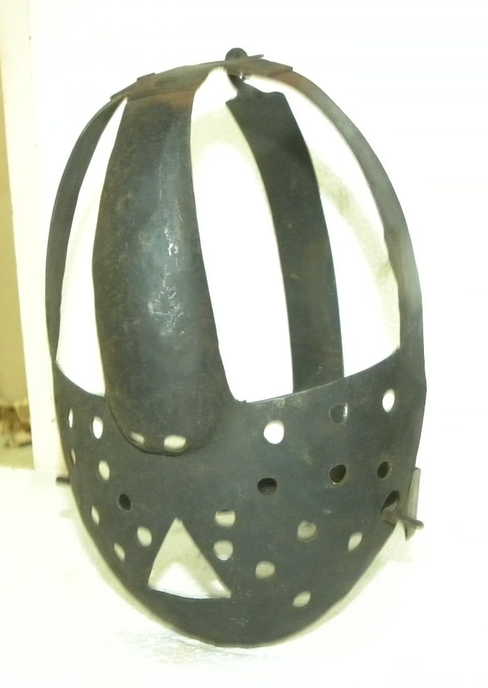 PUNISHMENT MASK SPEAK BAD HAND FROGED STEEL: Beautifully hand made steel is a symbol for punishment who speaks wrong for someone or does wrong in society. After making wear this mask was tied on pole or tree in public place so maximum passers co