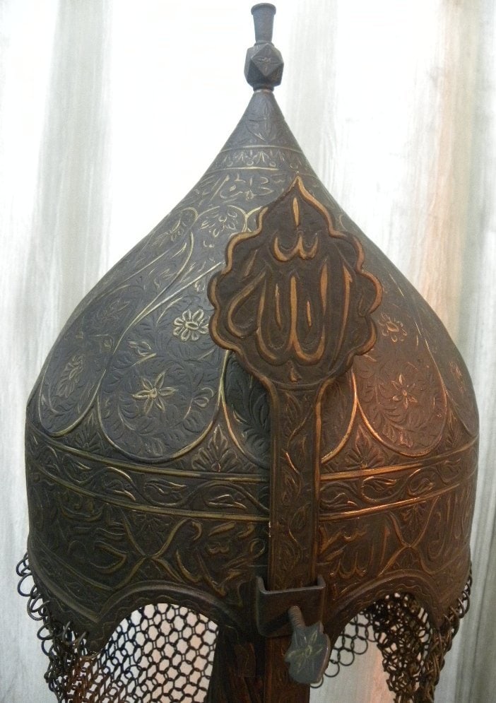 ANTIQUE HELMET OTTOMAN TURKISH SKULL GEMOTRICAL DESIGN RIM ARABIC INSCRIPTION (1 of 9)