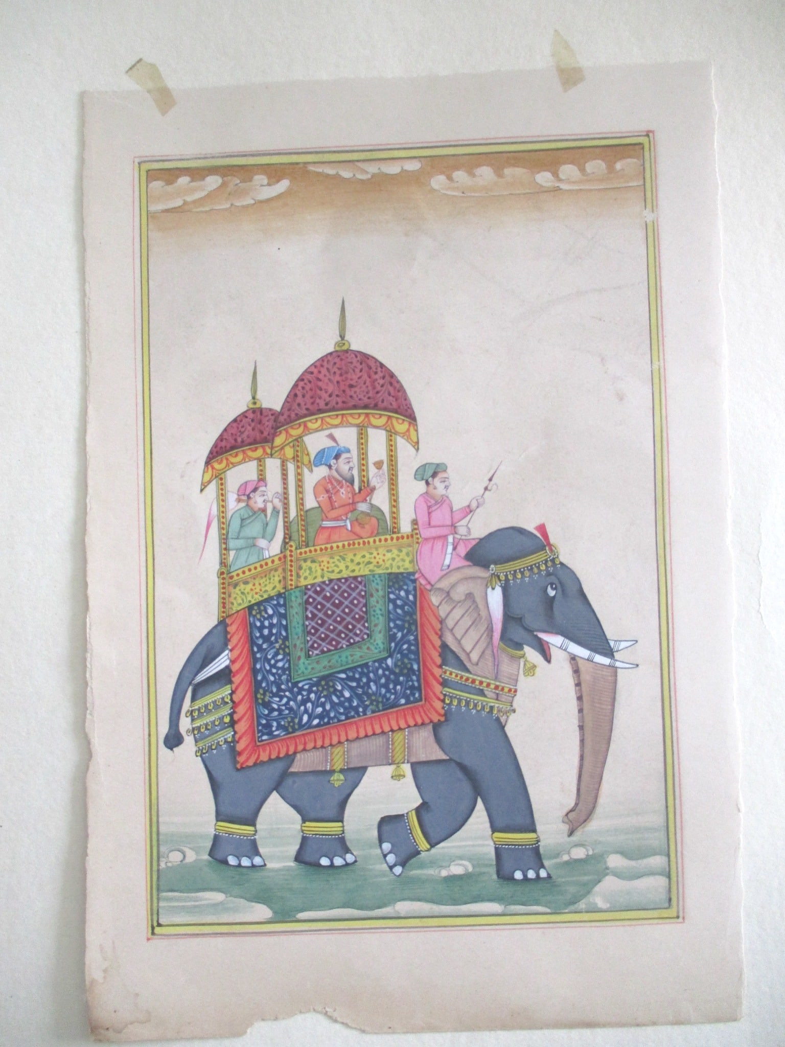 MINIATURE PAINTING OF KINGS PROCESSION ON ELEPHANT 1900'S: MINIATURE PAINTING OF KINGS PROCESSION ON ELEPHANT 1900'S Size : 7.50 x 5.00 inch . Ref : 1723 / 19326 .