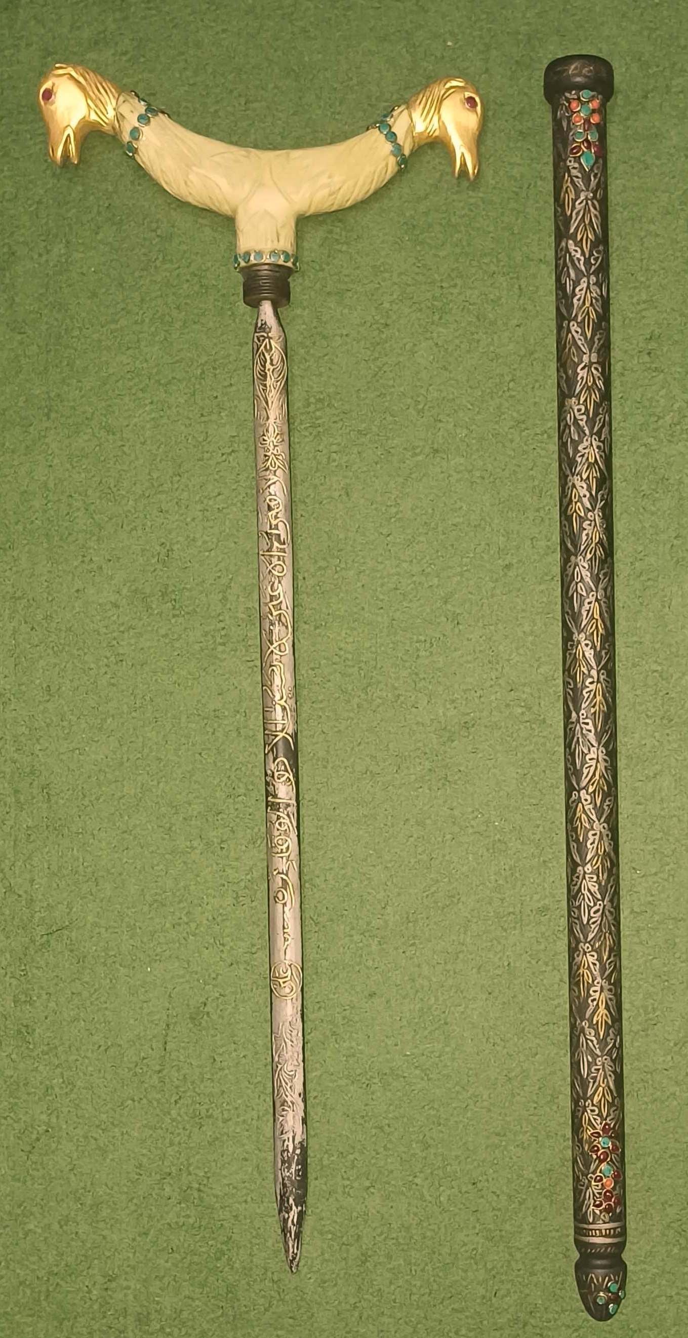 JADE INCREDIBLE OLD DERVISH CRUTCH ZAFAR TAKIESH CANE DIFFERENT GEMS HIDDEN SWORD ARABIC INSCRIPTION (1 of 7)