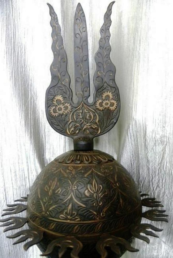 INCREDIBLE OLD PERSIAN MACE /FLAIL GURG 14 TRIDENT 3 WAY INSERTED ROUND BALL TOP CURVED TRIDENT (1 of 8)
