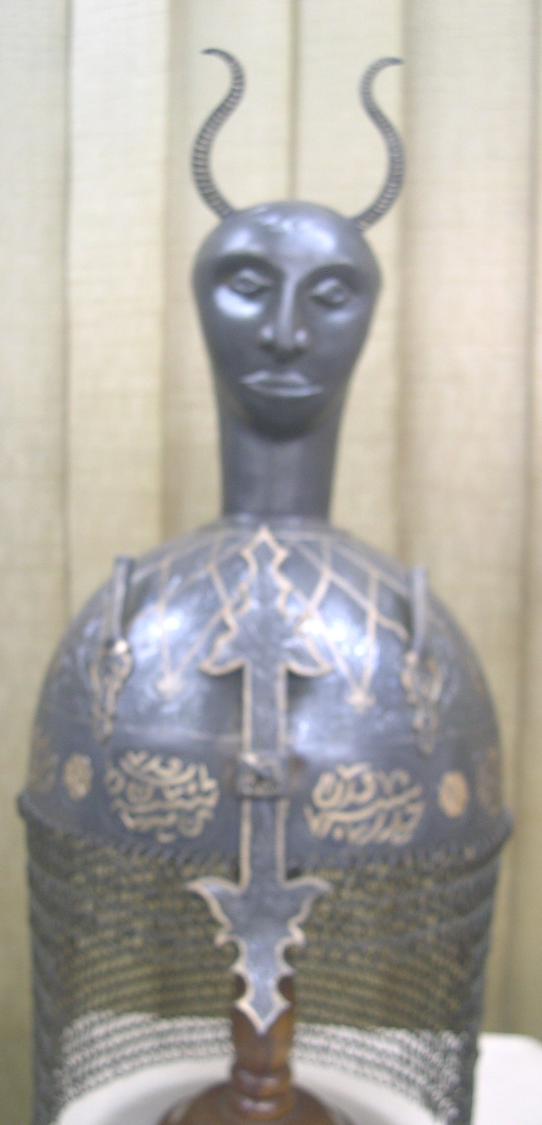 ANCIENT INCREDIBLE VERY OLD PERSIAN HELMET DEMON DEVIL FACE 2 HORNS ARABIC INSCRIPTION (1 of 9)