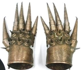 ANCIENT OLD CUP ARM DYNASTY EXQUISITE 3 WAY TRIDENT TEN NUMBERS SURFACE FLORAL COPPER FINGER BEND (1 of 6)