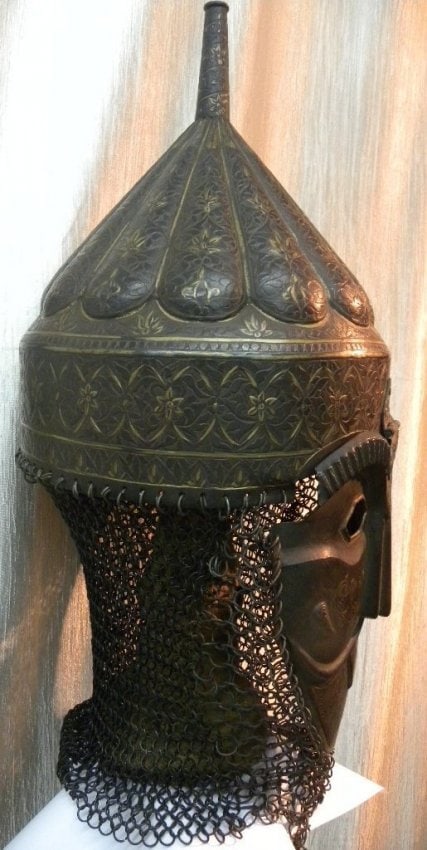 INCREDIBLE POST 1960 AUTHENTIC OLD STOCK INDO PERSIAN HELMET & MASK WITH CONICAL CROWN - 5