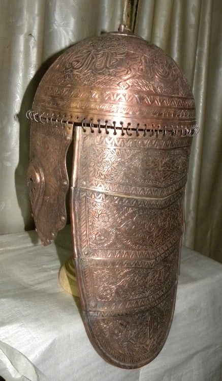 AUTHENTIC OLD STOCK INCREDIBLE HELMET COPPER PLATED LONG NECK & EAR GUARD ARABIC INSCRIPTION (1 of 10)