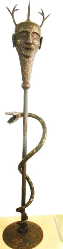 INCREDIBLE ANCIENT MACE GURG PERSIAN STYLE 2 SIDES DEVIL FACES HORNS LIVE SIZE SANKE LONG STAND (1 of 14)