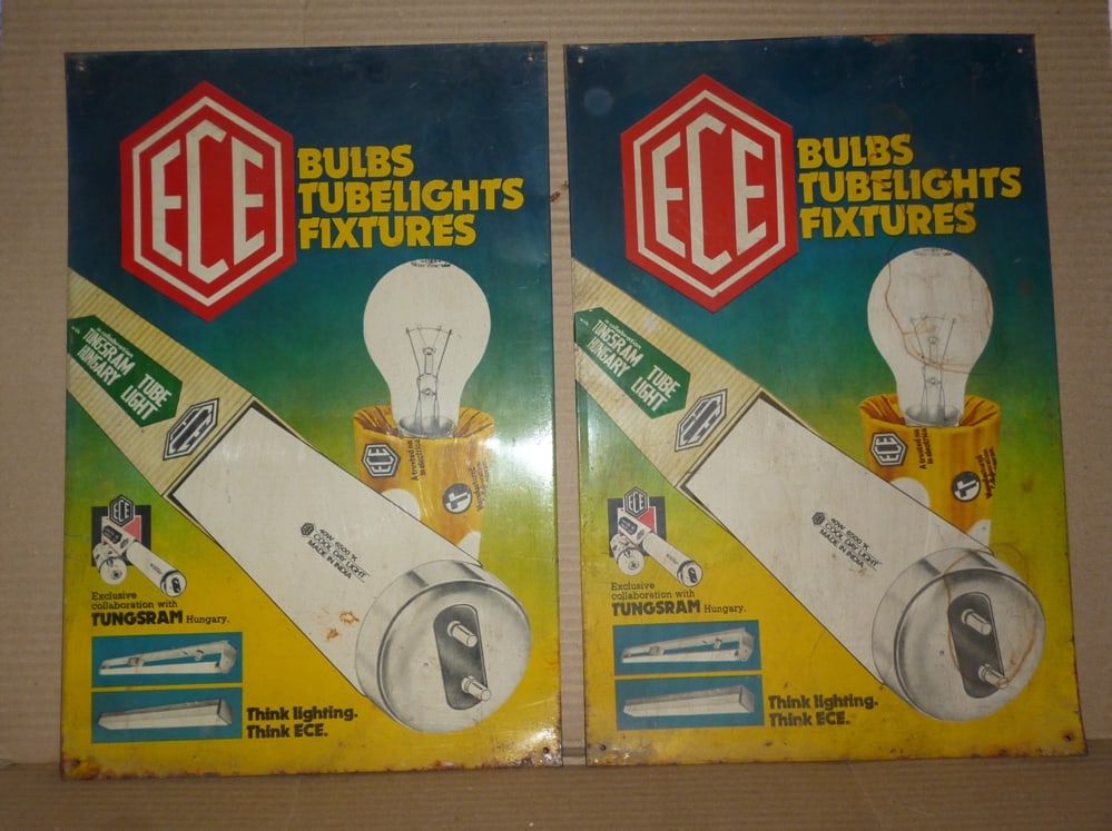 OLD 2 TIN ADVERTISING SIGN ECE BULBS TUBELIGHTS HUNGARY: Rare 2 tin signs of ECE bulbs tubelights fixtures. There is signature of: Execlusive collaboration with TUNGSRAM Hungary. Both signs are in good condition. Pictures are part of description. Size about