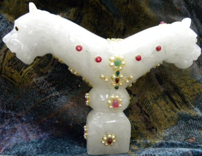 PRE 1970 INCREDIBLE DAGGER HANDLE ASIAN JADE 2 LIONS BODY HEAD FRAMED JEWELS STUDDED (1 of 8)
