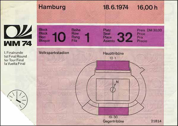 World Cup 1974. Final Germany vs Holland: Endspiel Deutschland - Holland am 7.7.1974 in München. Stehplatz DM 15,00. 15x10,5 cm, Zust: II. Ticket: WC 1974 Germany. WC Final Ticket, Germany vs Holland on 7.7.1974 in Munich. Standing ticket DM