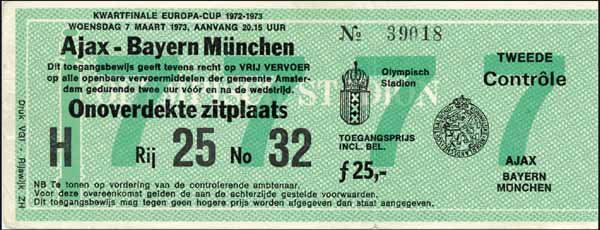 Ticket Football 1973 Amsterdam vs bayern Munich: Europapokal der Landesmeister Ajax Amsterdam - Bayern München am 7. März 1973 in Amsterdam 16x6,5 cm, Zust: II-. Ticket : Quarter-final Eurocup: Ajax Amsterdam vs Bayern Munich. 7.3.1973 in Amsterda