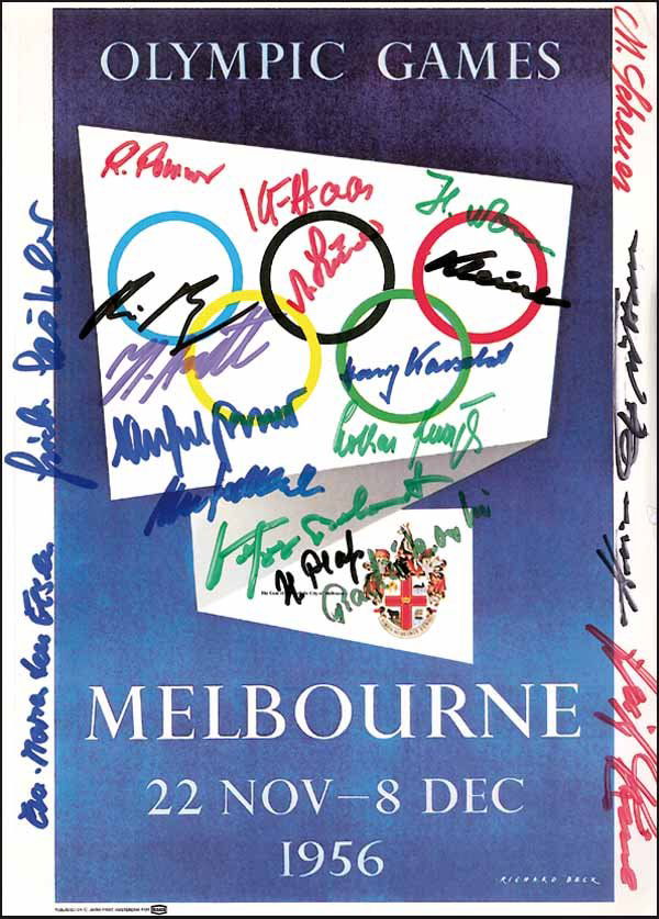 Olympic Games 1956 with 19 Autographs by Medalwin: Reproduziertes Plakat von den Olympischen Spielen 1956 in Melbourne mit 19 Originalsignaturen deutscher Medaillengewinner von 1956 (z.B. mit den Goldmedaillengewinnern Heinz Fütterer, Manfred Germar,